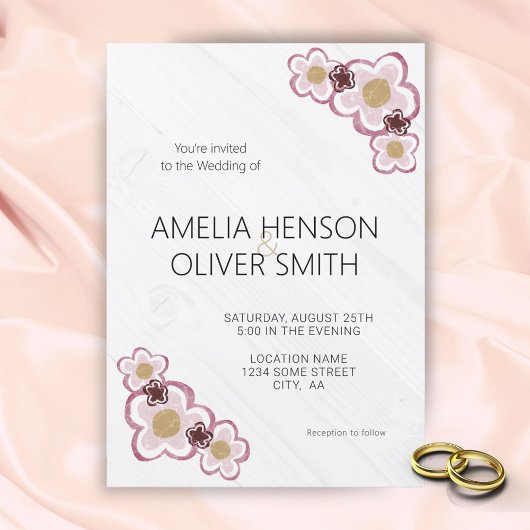 Invitation Fleurs Simples Mariage Texture Bois 