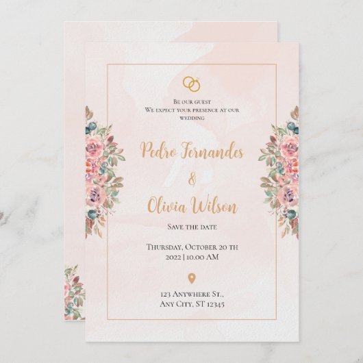 Invitation Fleurs simples roses mariage (Devant / Derrière)
