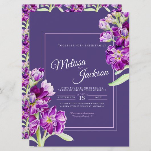 Invitation Fleurs stocks violet aquarelle mariage (Devant / Derrière)