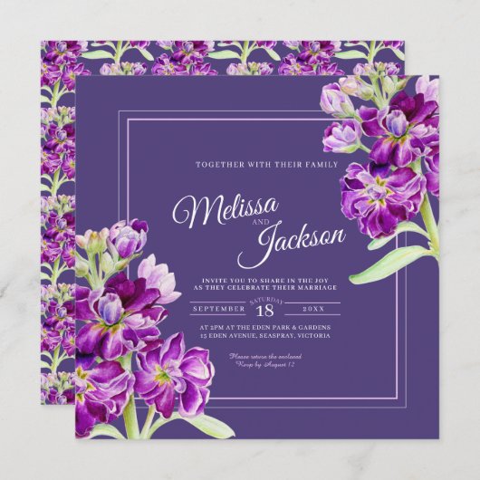 Invitation Fleurs stocks violet aquarelle mariage (Devant / Derrière)
