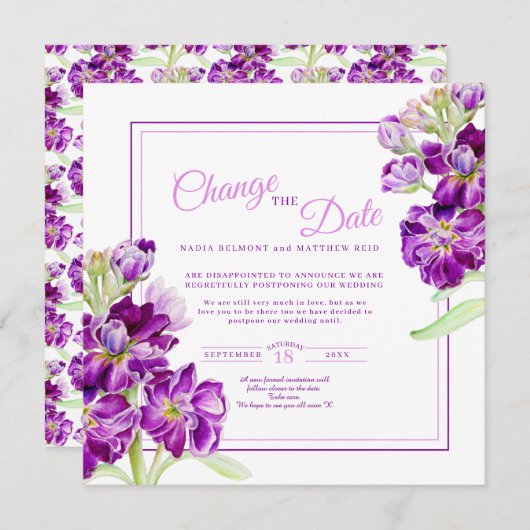 Invitation Fleurs stocks violettes art mariage changer la dat (Devant / Derrière)