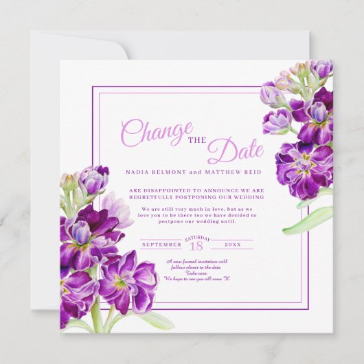 Invitation Fleurs stocks violettes art mariage changer la dat (Devant)