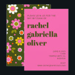 Invitation Fleurs super rétro brillant rose gras Bat mitzvah<br><div class="desc">Super Retro 60s Fleurs rose et vert olive Invitation Bat mitzvah</div>