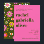 Invitation Fleurs super rétro brillant rose gras Bat mitzvah<br><div class="desc">Super Retro 60s Fleurs rose et vert olive Invitation Bat mitzvah</div>