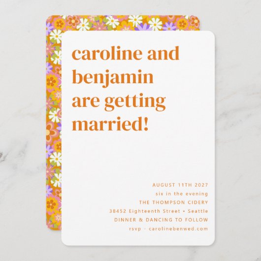 Invitation Fleurs super Retro Orange Tout en un Mariage (Devant / Derrière)