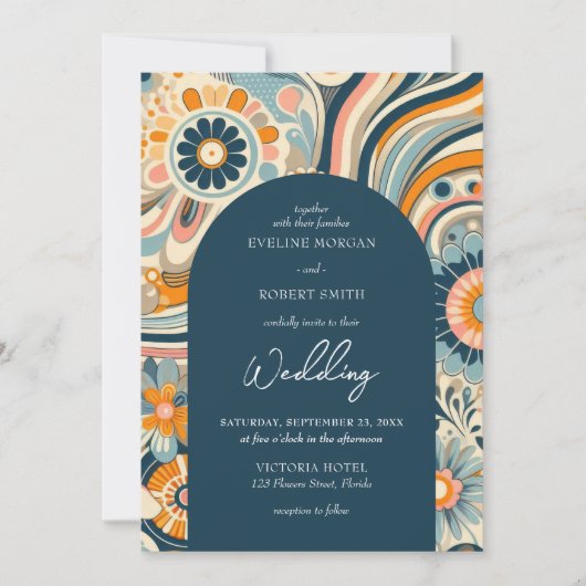 Invitation Fleurs super tendance marine orangé arc bleu (Devant)