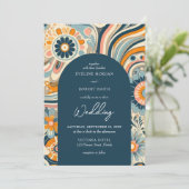Invitation Fleurs super tendance marine orangé arc bleu (Debout devant)