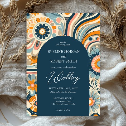 Invitation Fleurs super tendance marine orangé arc bleu