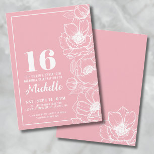 Invitation Fleurs Sweet Sixteen Rose 16e Anniversaire