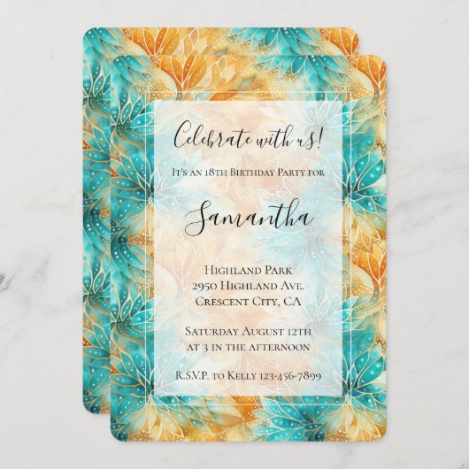 Invitation Fleurs Tangerines Turquoise Anniversaire (Devant / Derrière)