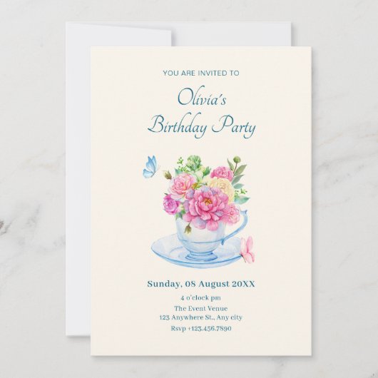 Invitation Fleurs tasse de thé anniversaire (Devant)
