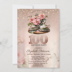 Invitation Fleurs Tea Cup Paillettes Or Rose 100ème