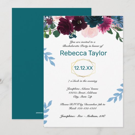 Invitation Fleurs Teintes Sarcelle Vertical - Enterrement de (Devant / Derrière)