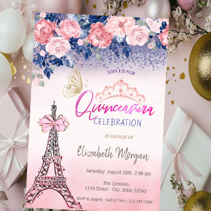 Invitation Fleurs,Tour Eiffel Nœud Papillon Quinceanera
