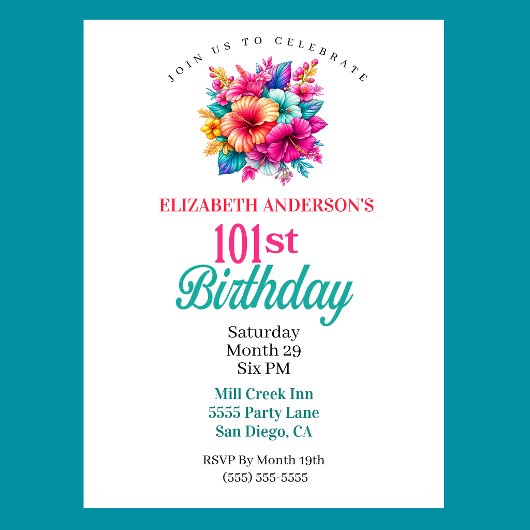 Invitation Fleurs Tropicales 101e Anniversaire