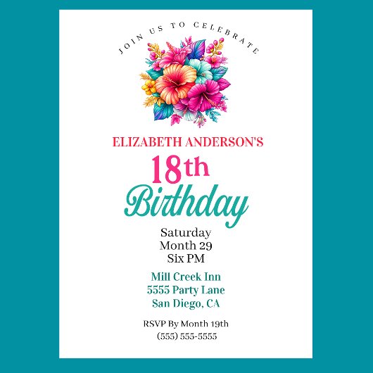 Invitation Fleurs tropicales 18e anniversaire