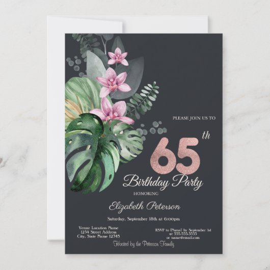 Invitation Fleurs Tropicales 65e Anniversaire Sombre (Devant)