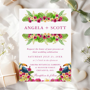 Invitation Fleurs tropicales aquarelle toucans cadre mariage