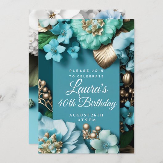 Invitation Fleurs tropicales bleues parties scintillant dorée (Devant / Derrière)