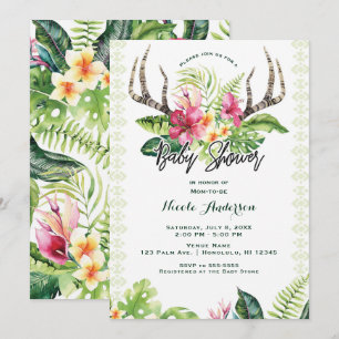 Invitation Fleurs Tropicales Bohème Rustique Baby Shower Bois