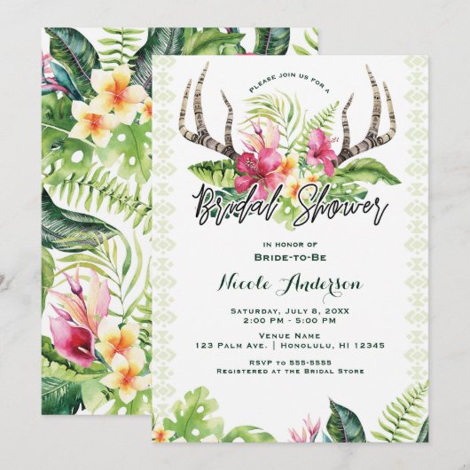 Invitation Fleurs tropicales Boho Rustique Andouiller Fête de (Devant / Derrière)