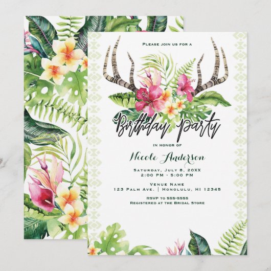 Invitation Fleurs Tropicales Boho Rustique Anniversaire à Boi (Devant / Derrière)