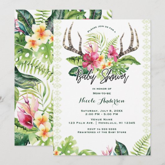 Invitation Fleurs tropicales Boho Rustique Ramure Bébé Shower (Devant / Derrière)