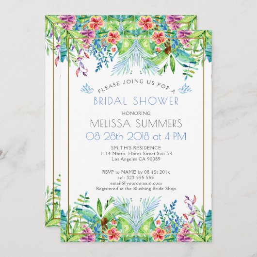 Invitation Fleurs tropicales colorées Accent or (Devant / Derrière)