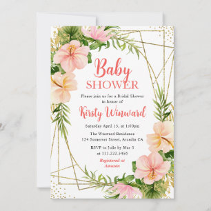 Invitation Fleurs tropicales d'été et Baby Shower cadre or