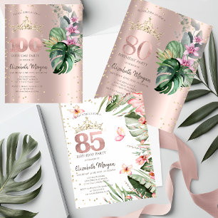Invitation Fleurs Tropicales Diamants Or Rose 80ème Anniversa