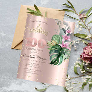 Invitation Fleurs tropicales Diamants Rose Or 100e anniversai