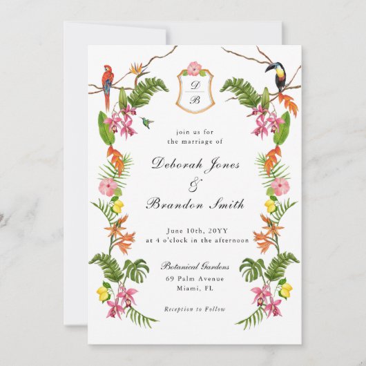 Invitation Fleurs tropicales et feuillage à monogramme (Devant)