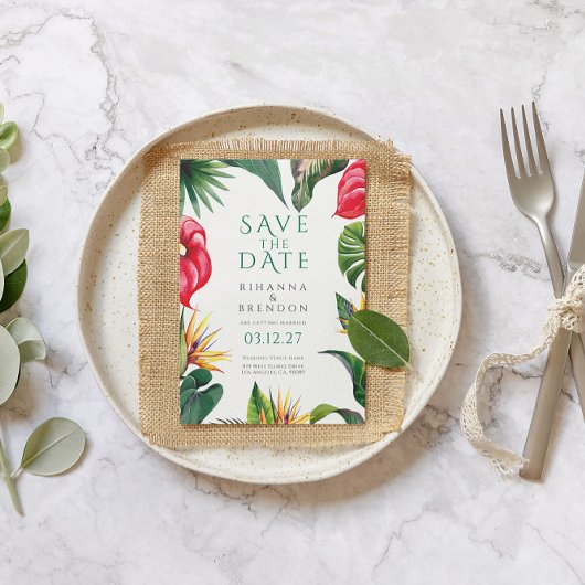Invitation Fleurs tropicales et mariage des Feuilles Enregist