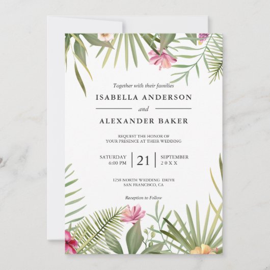 Invitation Fleurs Tropicales Et Mariage Feuille (Devant)