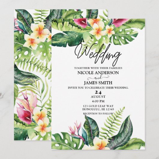 Invitation Fleurs tropicales et Mariage floral Feuille (Devant / Derrière)