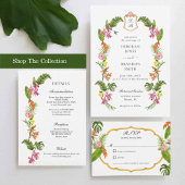 Invitation Fleurs tropicales et monogramme feuillu