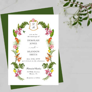 Invitation Fleurs tropicales et monogramme feuillu