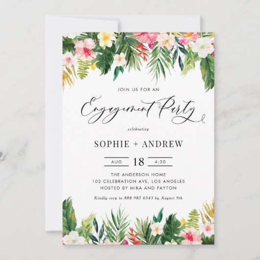 Invitation Fleurs tropicales et partie d'engagement vert (Devant)