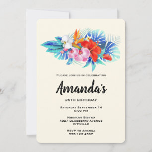 Invitation Fleurs tropicales exotiques en rose et en aqua