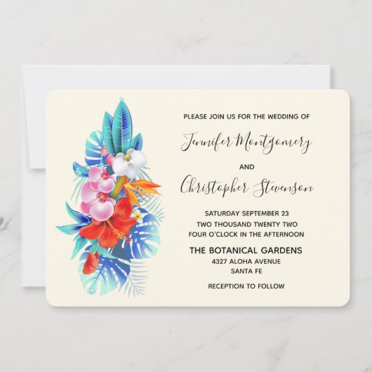 Invitation Fleurs tropicales exotiques - Mariage rose et aqua (Devant)