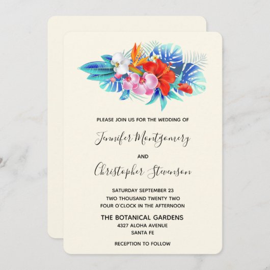 Invitation Fleurs tropicales exotiques - Mariage rose et aqua (Devant / Derrière)