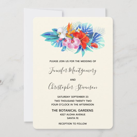 Invitation Fleurs tropicales exotiques - Mariage rose et aqua (Devant)