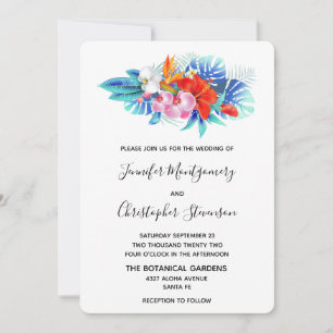 Invitation Fleurs tropicales exotiques - Mariage rose et aqua