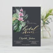 Invitation Fleurs tropicales Fête des mariées foncée (Debout devant)