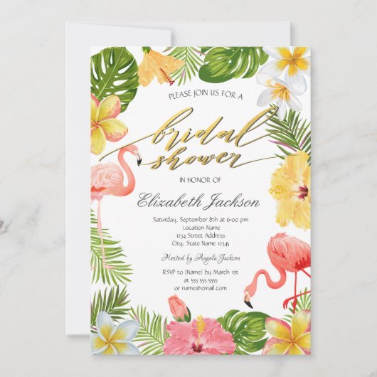 Invitation Fleurs tropicales Flamants roses Feuille roses (Devant)