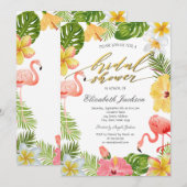 Invitation Fleurs tropicales Flamants roses Feuille roses (Devant / Derrière)