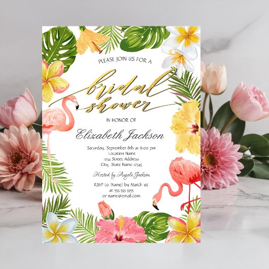 Invitation Fleurs tropicales Flamants roses Feuille roses