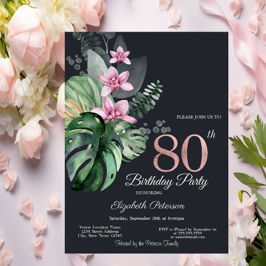Invitation Fleurs tropicales Foncé 80e anniversaire