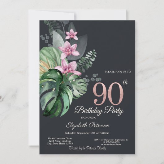 Invitation Fleurs tropicales Foncé 90e anniversaire (Devant)