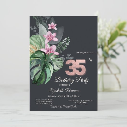 Invitation Fleurs tropicales foncées 35e anniversaire (Debout devant)